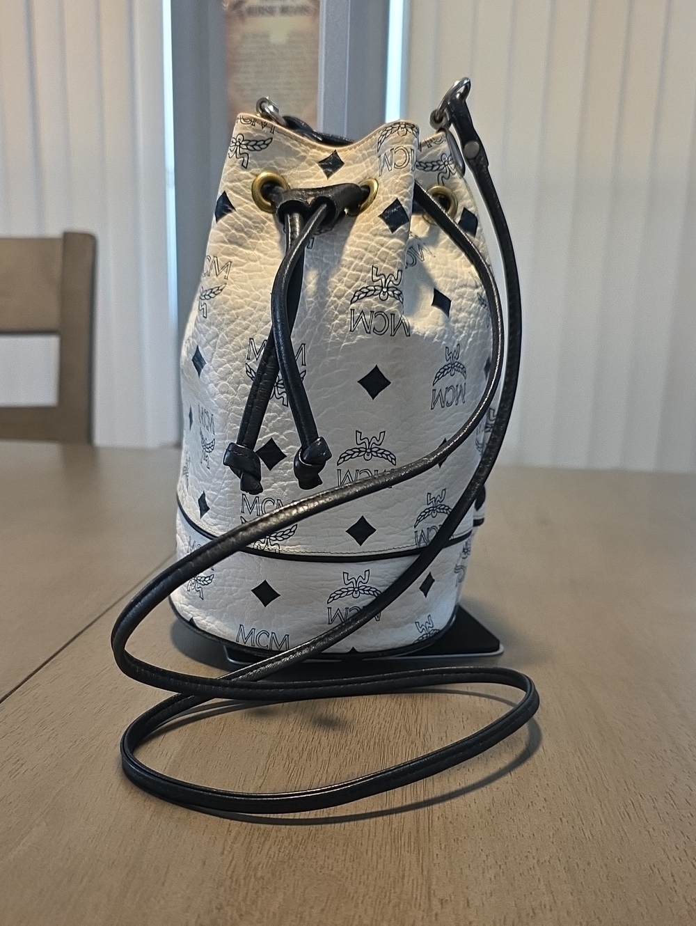 MCM Mini Visetos Drawstring Bucket Bag with Black Strap